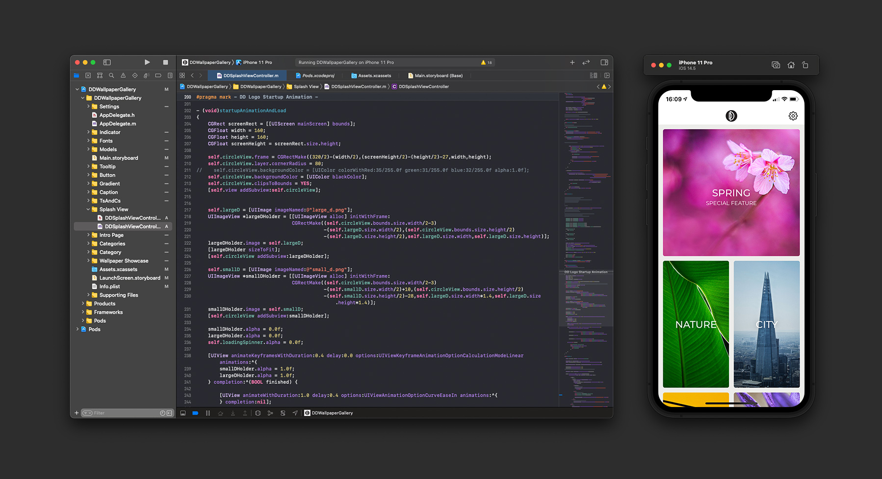 Xcode window of DD Wallpaper app.